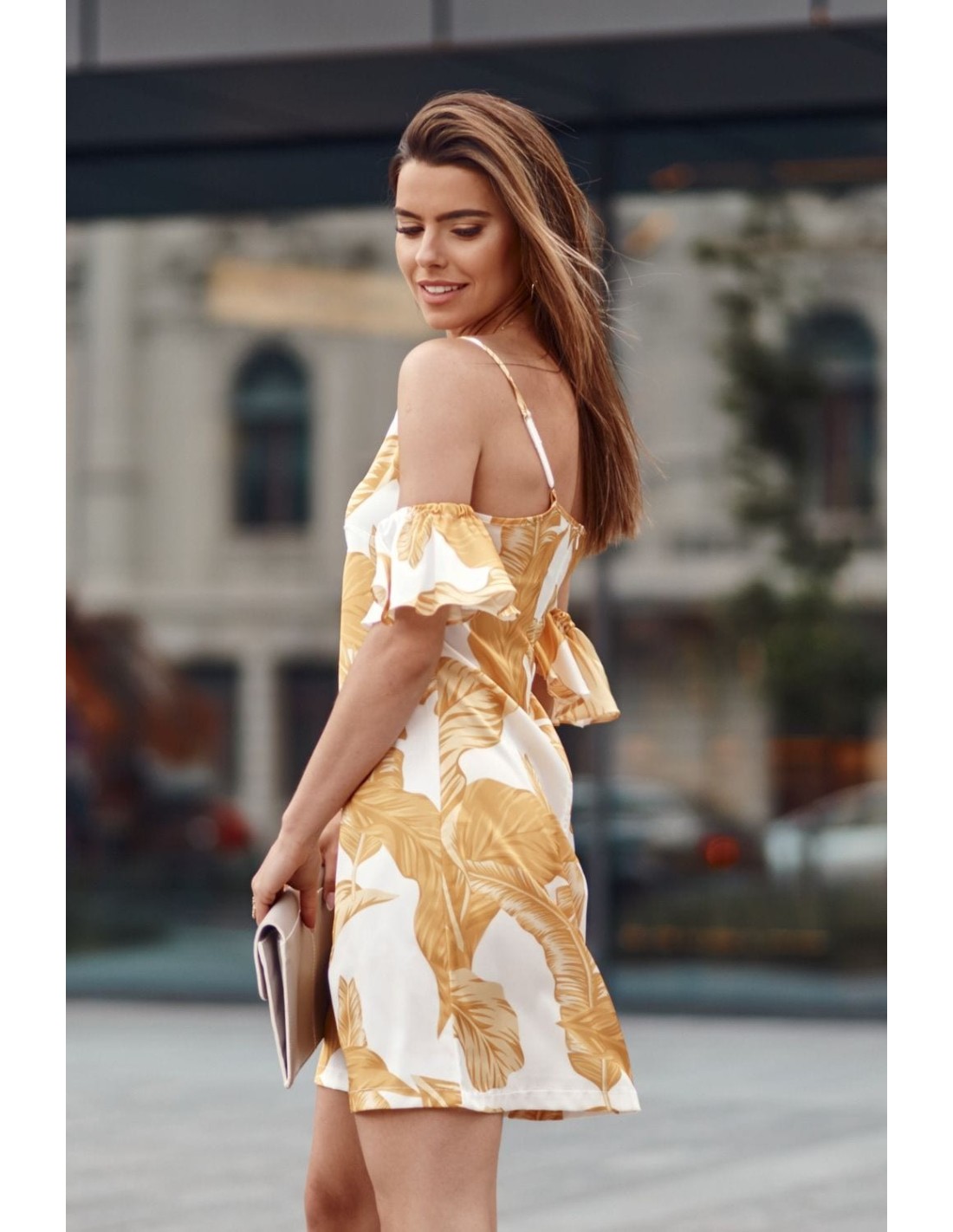 Cream dress with straps and sleeves with yellow leaves PR3215 - Online store - Boutique